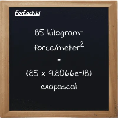85 kilogram-force/meter<sup>2</sup> is equivalent to 8.3357e-16 exapascal (85 kgf/m<sup>2</sup> is equivalent to 8.3357e-16 EPa)
